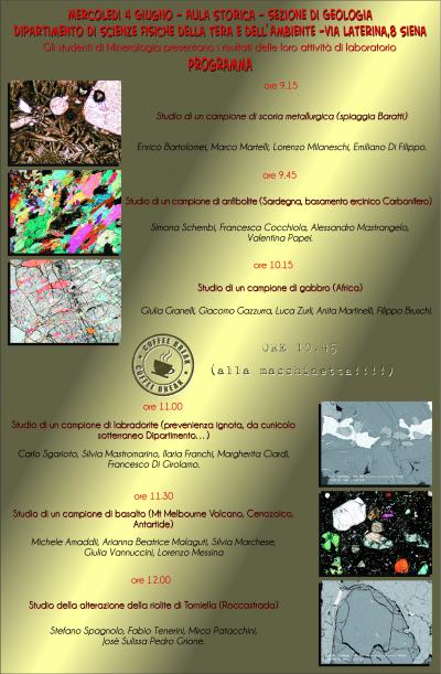 La locandina della giornata con gli studenti di Mineralogia (4 giugno 2014) La locandina della giornata con gli studenti di Mineralogia (4 giugno 2014)